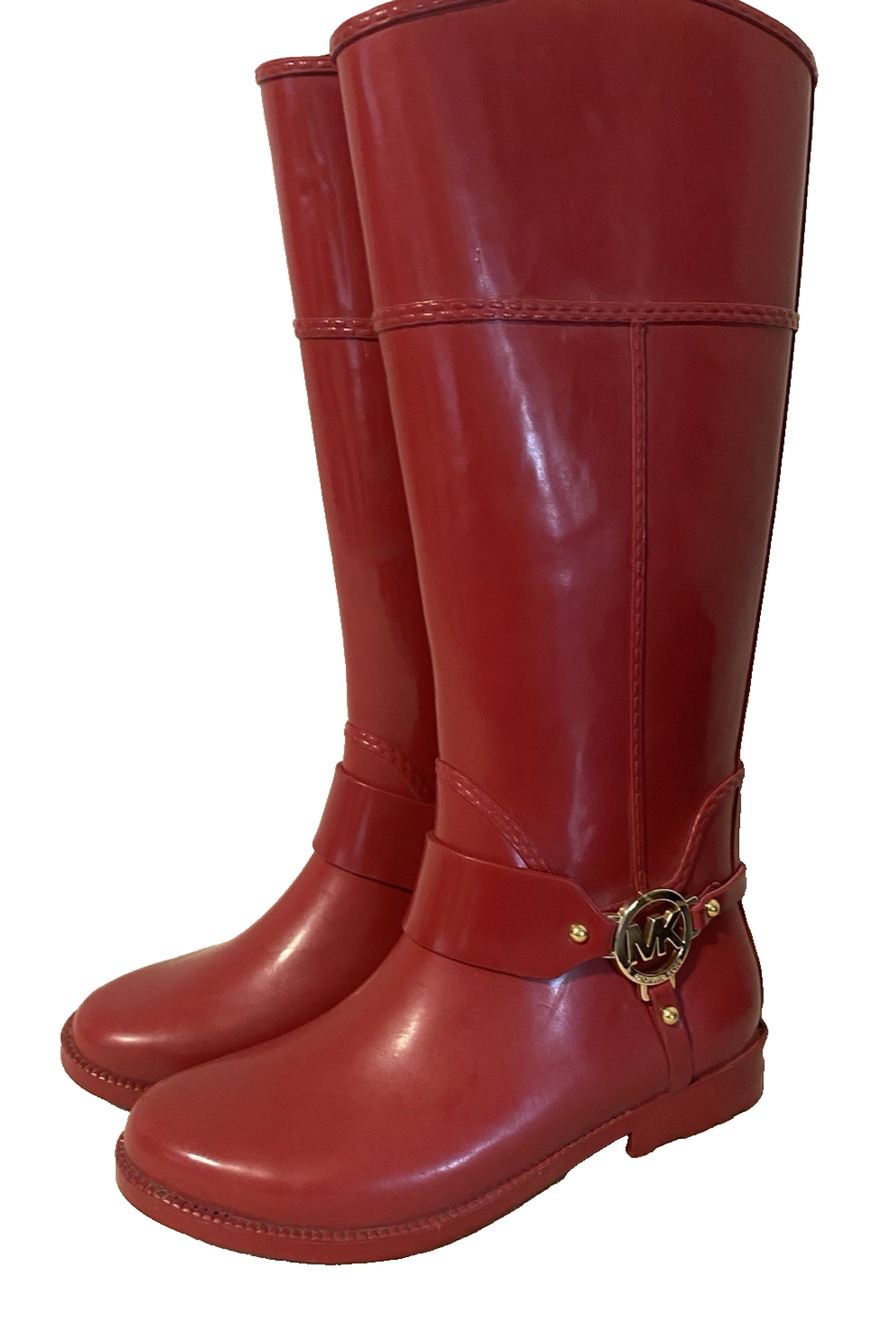 MK MICHAEL KORS "Fulton" Womens Boots Size 7 Bright Red Knee-High Rubber Rain